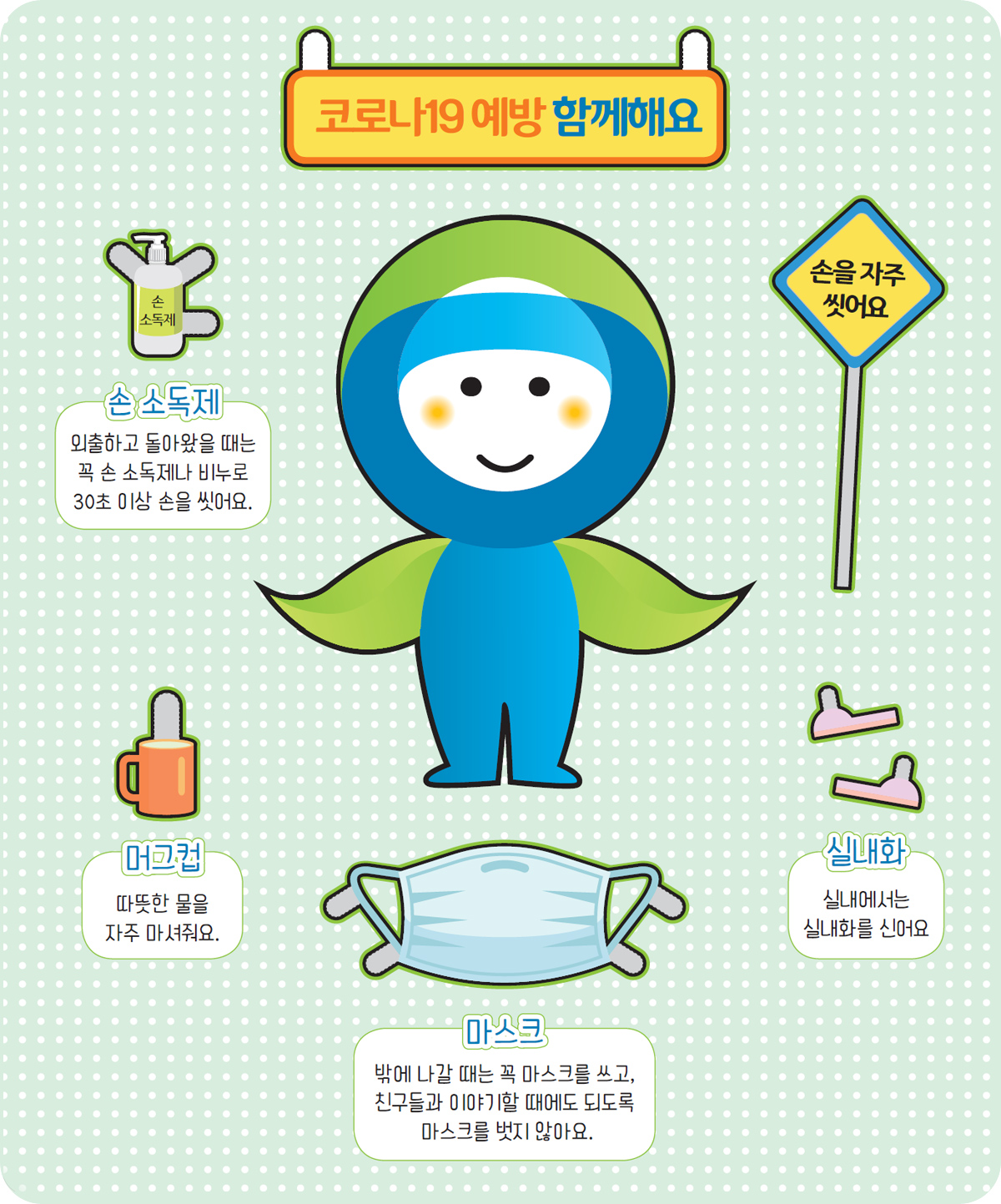 코로나19 예방 함께해요 -손 소독제 :외출하고 돌아왔을 때는 꼭 손 소독제나 비누로 30초 이상 손을 씻어요. -머그컵 : 따뜻한 물을 자주 마셔줘요. -마스크 : 밖에 나갈 때는 꼭 마스크를 쓰고, 친구들과 이야기할 때에도 되도록 마스크를 벗지 않아요. , 실내화 : 실내에서는 실내화를 신어요